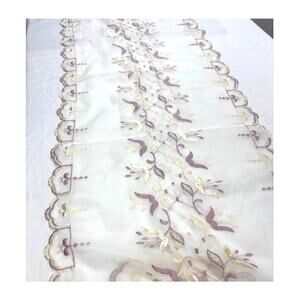 Sheer Table Runner Dresser Scarf Purple Floral Embroidery Ruffled Border (2)